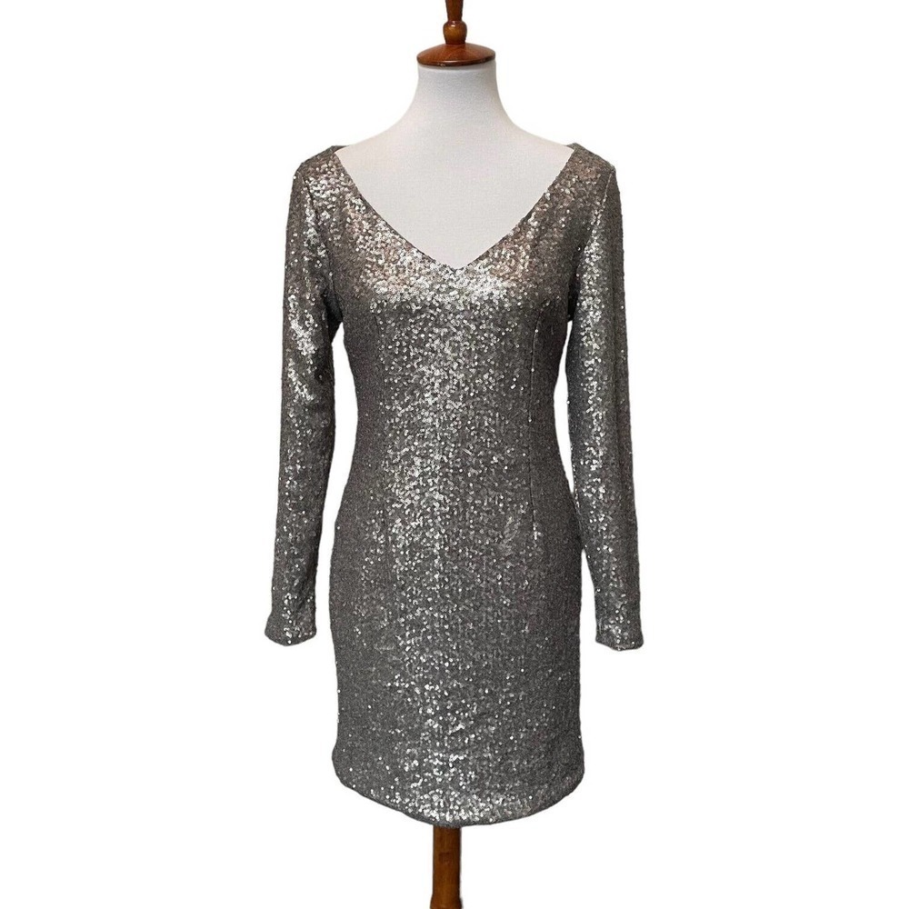 JAY GODFREY Gray Sequin V Neck Long Sleeve Mini Party Wear Bodycon Dress Size 6